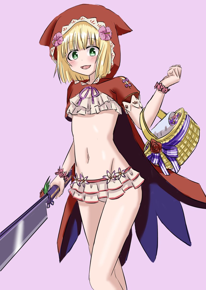 tsuneyuki, red riding hood (anime) (grimms notes), red riding hood (grimms notes), grimms notes, highres, 1girl, blonde hair, hand up, holding machete, hood, hood up, navel, open mouth, panties, red hood, smile, solo, swimsuit, underwear, white panties