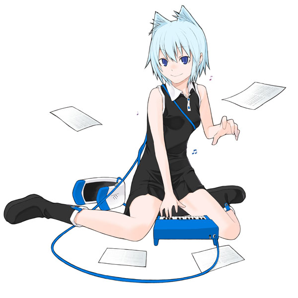 yasuda suzuhito, nanami ao, yozakura quartet, 1girl, animal ears, blue eyes, blue hair, cat ears, female focus, instrument, matching hair/eyes, music, piano, solo