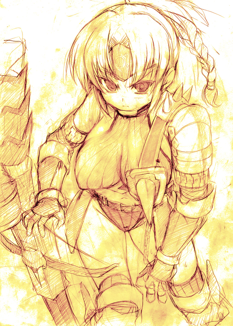 asaga aoi, highres, headband, monochrome, ponytail, short twintails, solo, twintails
