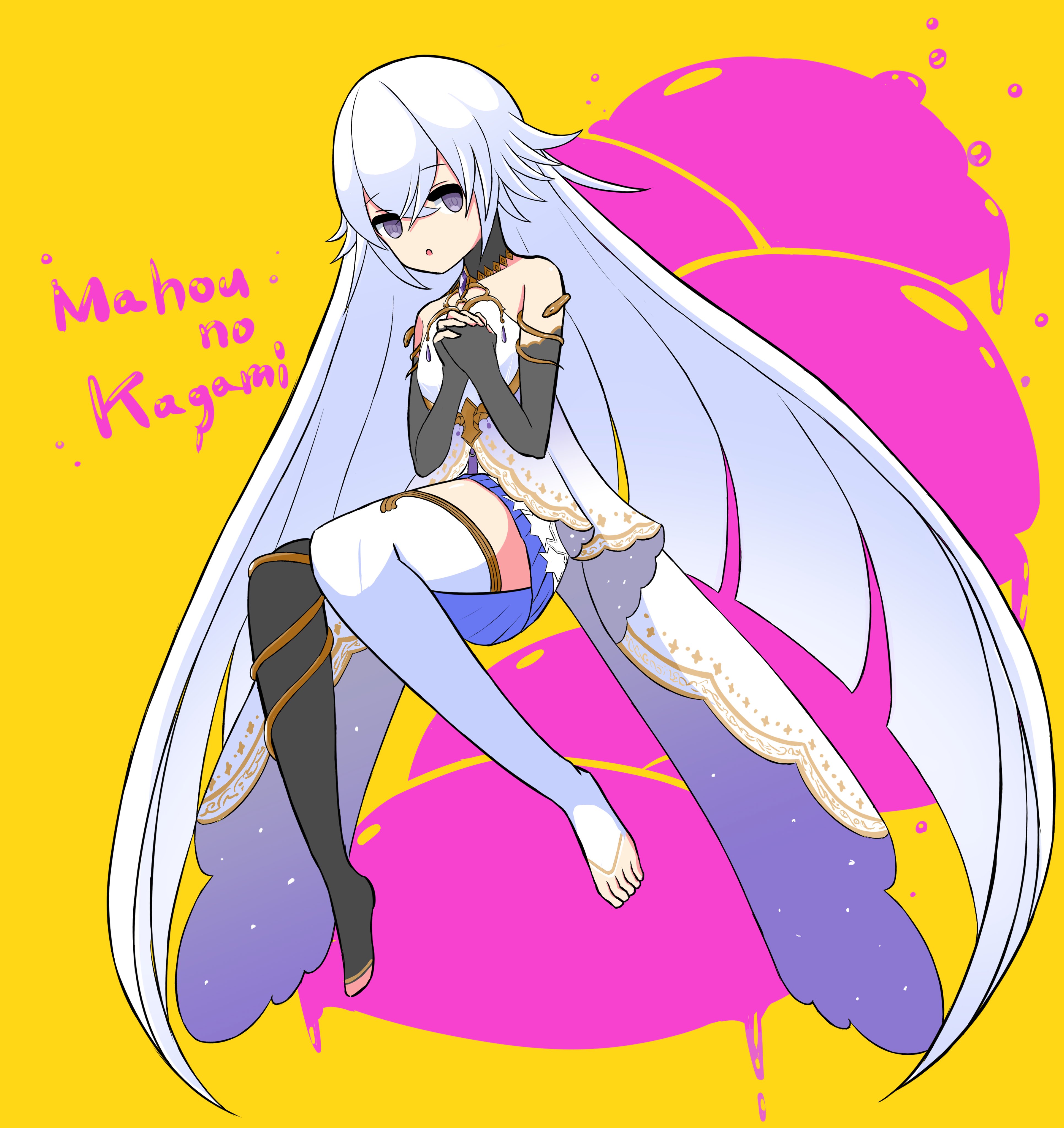 magic mirror (grimms notes), grimms notes, absurdres, highres, 1girl, asymmetrical legwear, blue skirt, character name, dress, full body, hair between eyes, issa 103, long hair, mismatched legwear, skirt, solo, very long hair, yellow background