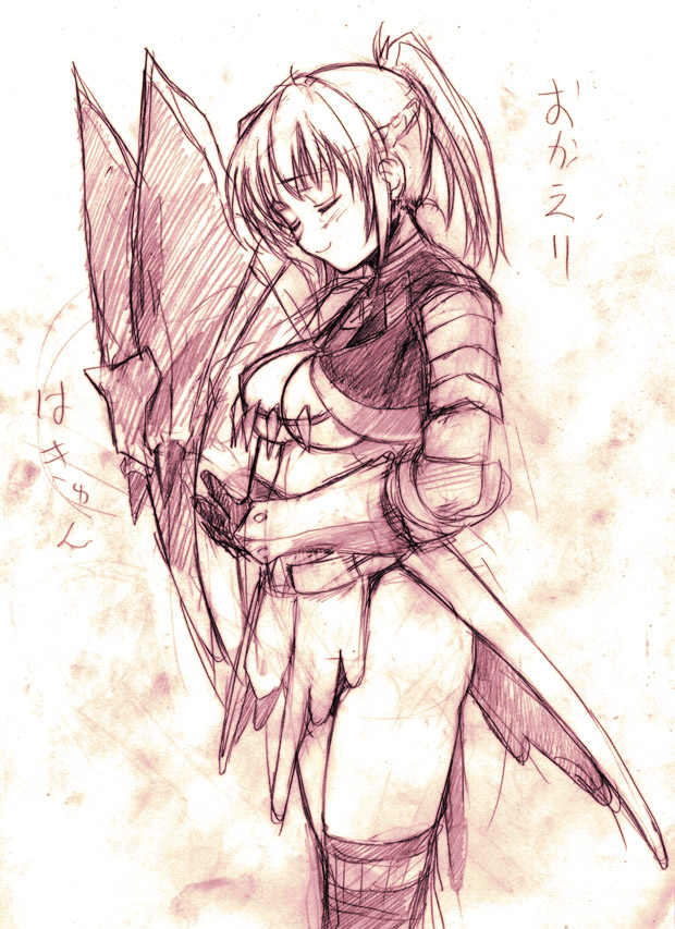 asaga aoi, translation request, 1girl, breasts, brown theme, cleavage, female focus, monochrome, solo, thighhighs