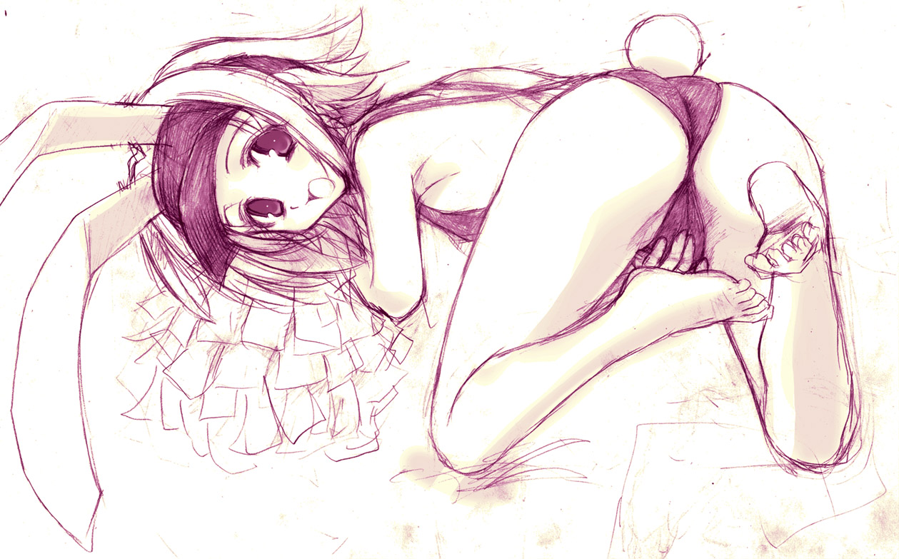 asaga aoi, catherine kyoubashi, aq interactive, arcana heart, arcana heart 2, atlus, examu, 1girl, animal ears, ass, barefoot, blonde hair, blue eyes, breasts, fake animal ears, feet, female focus, flat chest, from behind, hat, looking back, monochrome, one-piece swimsuit, open mouth, playboy bunny, pom pom (cheerleading), purple theme, rabbit, rabbit ears, rabbit tail, short hair, sideboob, sketch, small breasts, soles, solo, swimsuit, tail, toe scrunch, toes, top-down bottom-up