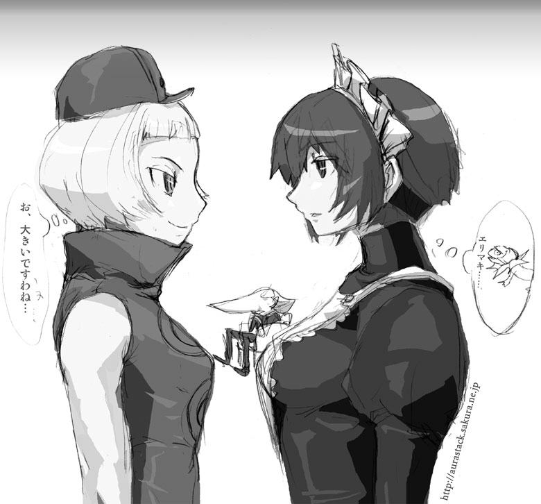 aurastack, elizabeth (persona), mary (soul hackers), metis (persona), atlus, devil summoner: soul hackers, devil summoner (series), persona, persona 3, 2girls, greyscale, hat, maid, monochrome, multiple girls, short hair