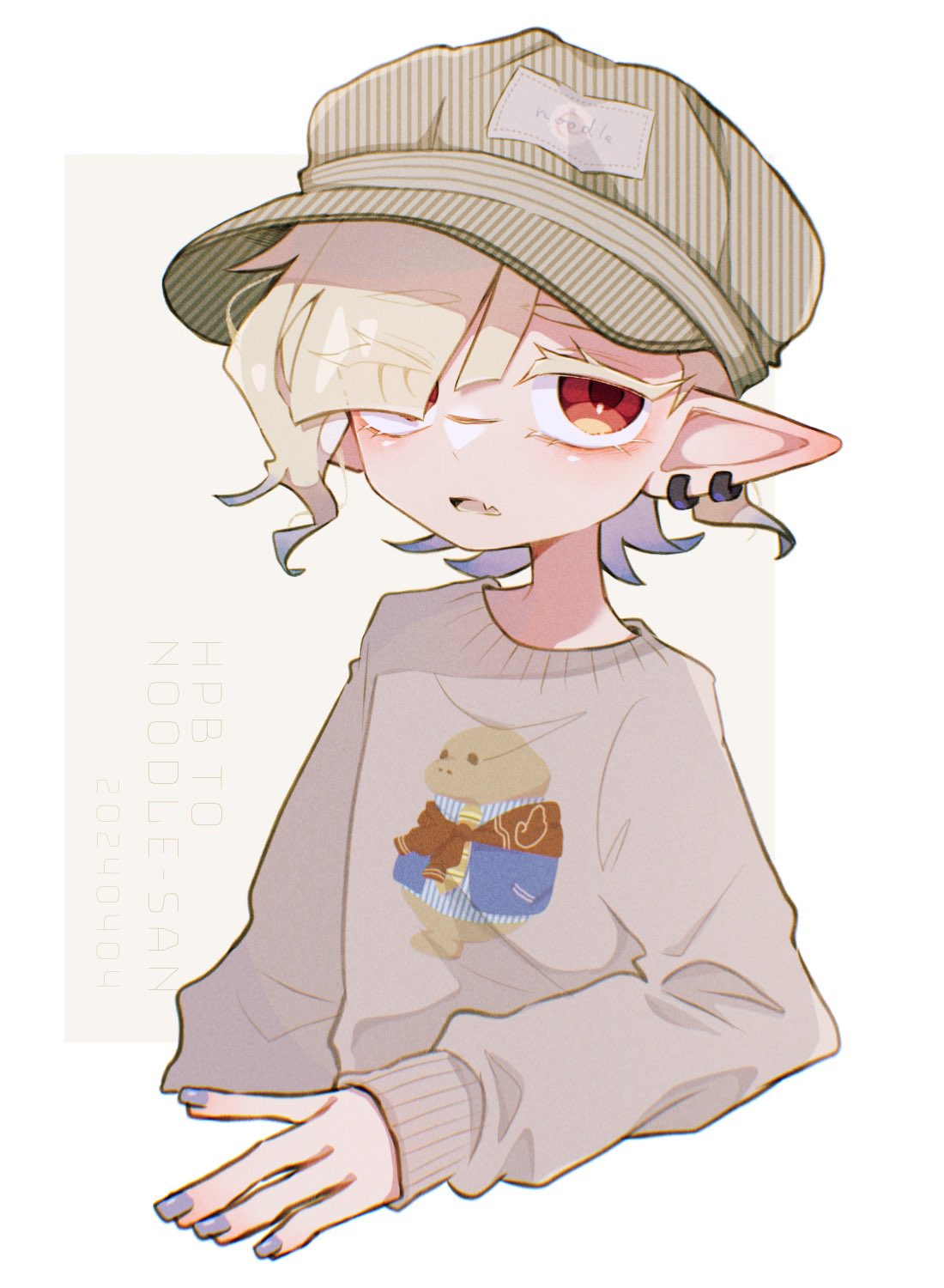 aheruk, inkling boy, inkling player character, nintendo, splatoon (series), splatoon 3, commentary, highres, symbol-only commentary, 1boy, blonde hair, ear piercing, eyelashes, green hat, grey sweater, hat, inkling, looking at viewer, male focus, nail polish, open mouth, piercing, pointy ears, print sweater, purple nails, red eyes, short hair, solo, sweater, tentacle hair, upper body, white background