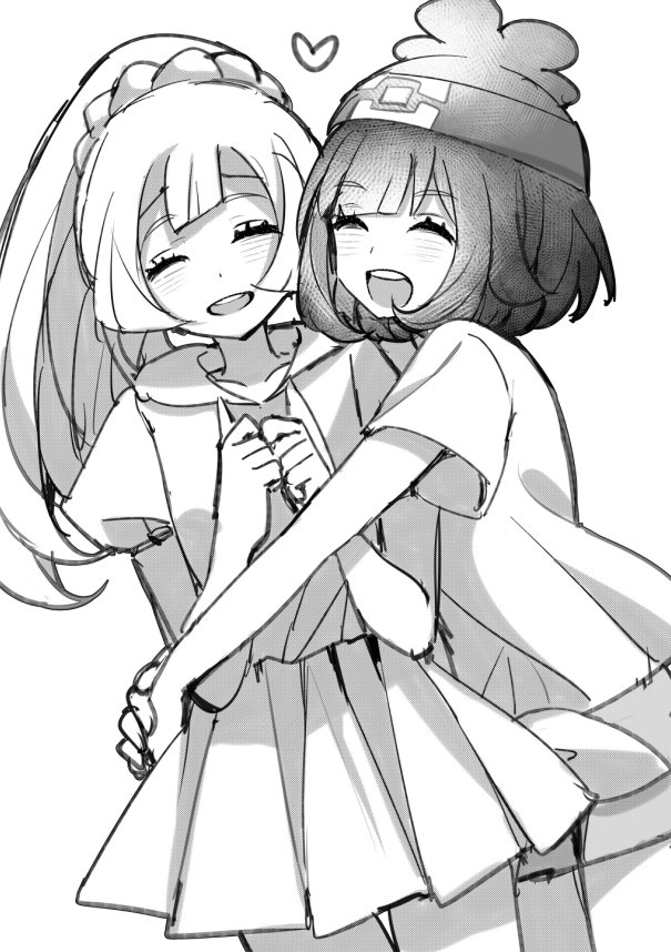 pkm lemon, lillie (pokemon), selene (pokemon), nintendo, pokemon, pokemon sm, 2girls, closed eyes, eyelashes, greyscale, hat, heart, hug, long hair, monochrome, multiple girls, open mouth, pleated skirt, ponytail, shirt, short hair, short sleeves, shorts, skirt, teeth, upper teeth only, yuri
