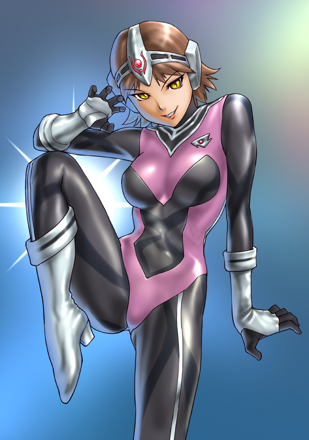 ueyama michirou, farrah cat, choudenshi bioman, super sentai, 1girl, animification, black bodysuit, bodysuit, breasts, brown hair, choudensi bioman, female focus, purple bodysuit, short hair, solo, tokusatsu, yellow eyes