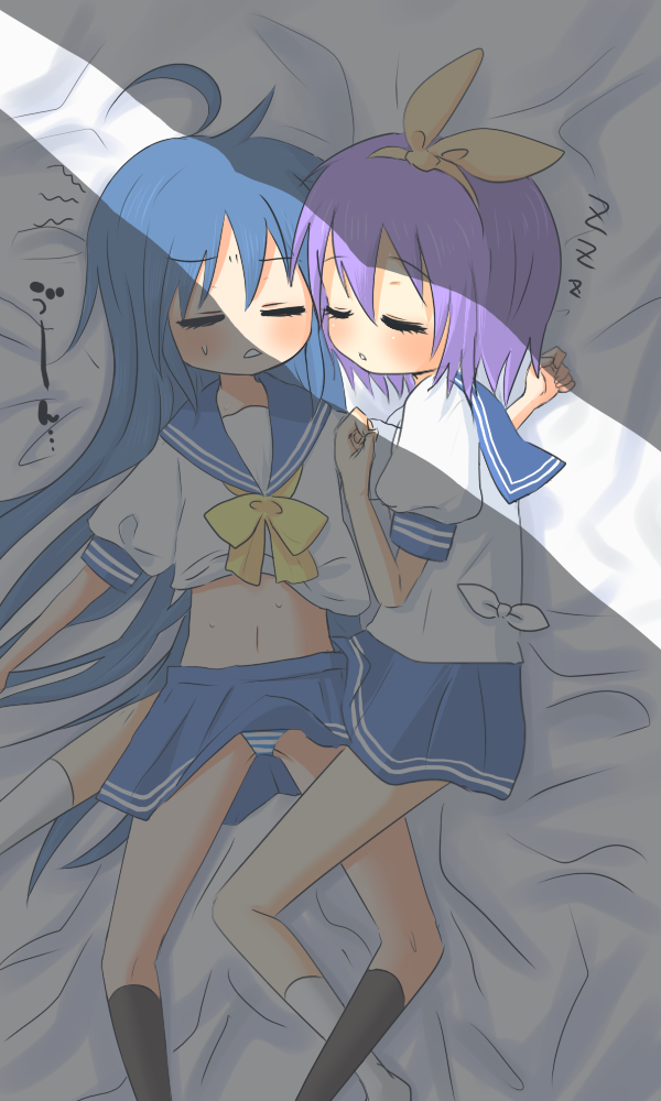 orange coffee, hiiragi tsukasa, izumi konata, lucky star, bad id, bad pixiv id, 00s, 2girls, bed, blue hair, blush, closed eyes, long hair, lying, midriff, multiple girls, panties, pantyshot, purple hair, school uniform, serafuku, short hair, sleeping, striped clothes, striped panties, underwear