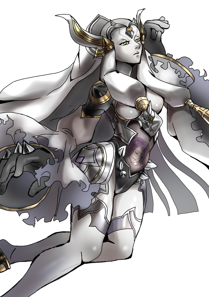 tmmg2888, mirror plate fiend (grimms notes), oscar wilde (grimms notes), grimms notes, highres, 1girl, detached sleeves, giant, giantess, grey hair, hand up, horns, long hair, monster girl, parted lips, purple hair, very long hair, yellow eyes