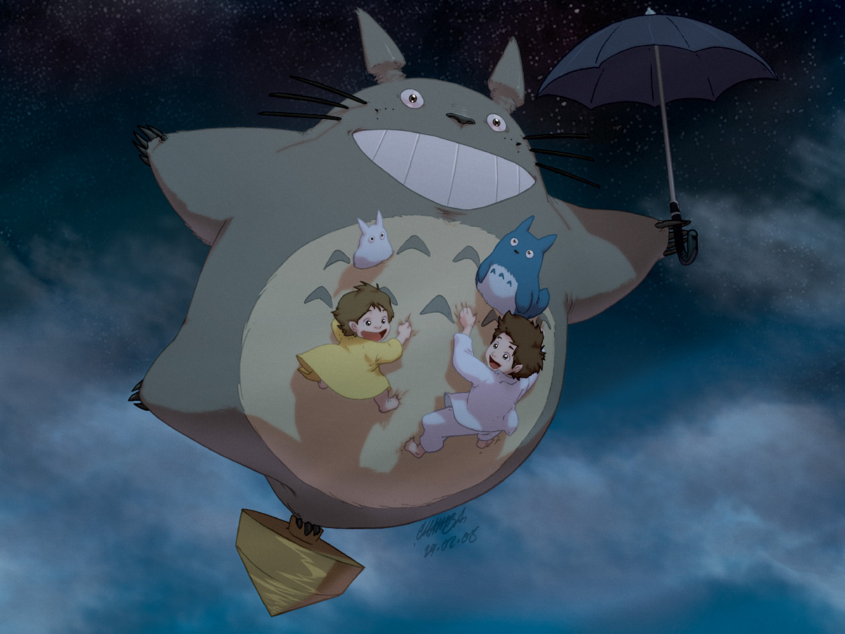 chamba, kusakabe mei, kusakabe satsuki, totoro, studio ghibli, tonari no totoro, 1980s (style), animal, child, oldschool, retro artstyle, sky, umbrella