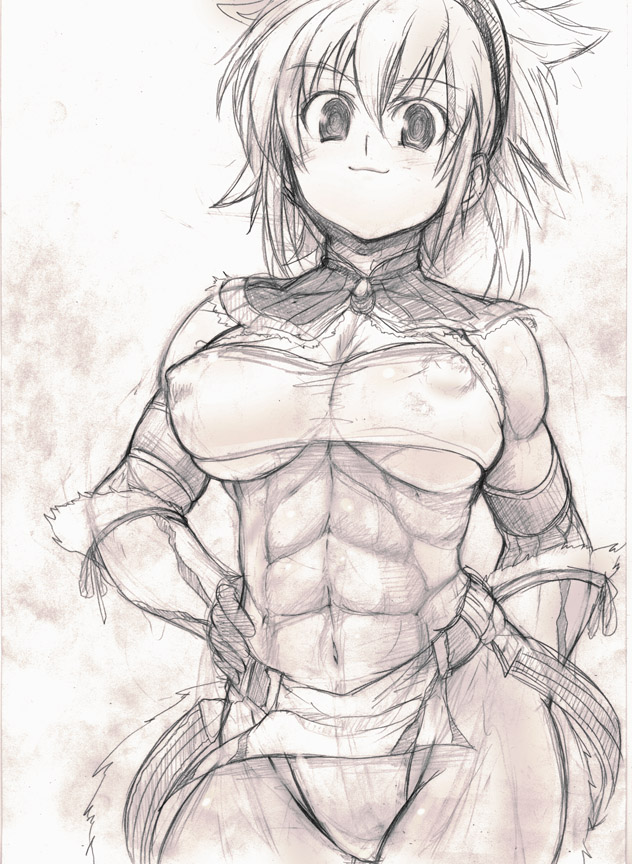 asaga aoi, 1girl, :3, abs, breasts, female focus, hairband, headband, large breasts, monochrome, muscular, nipples, see-through clothes, sketch, solo