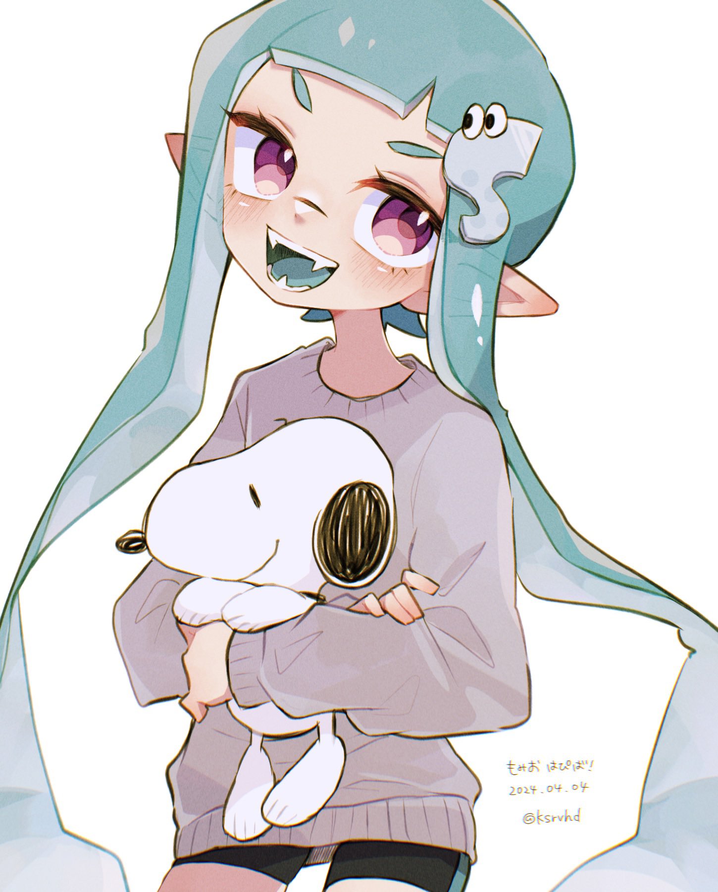 aheruk, inkling girl, inkling player character, snoopy, nintendo, peanuts (comic), splatoon (series), splatoon 3, commentary, highres, symbol-only commentary, translation request, 1girl, animal, aqua hair, bike shorts, black shorts, dog, grey sweater, holding, holding animal, holding dog, inkling, long hair, pointy ears, red eyes, shorts, smile, solo, standing, sweater, teeth, tentacle hair, thick eyebrows, very long hair, white background