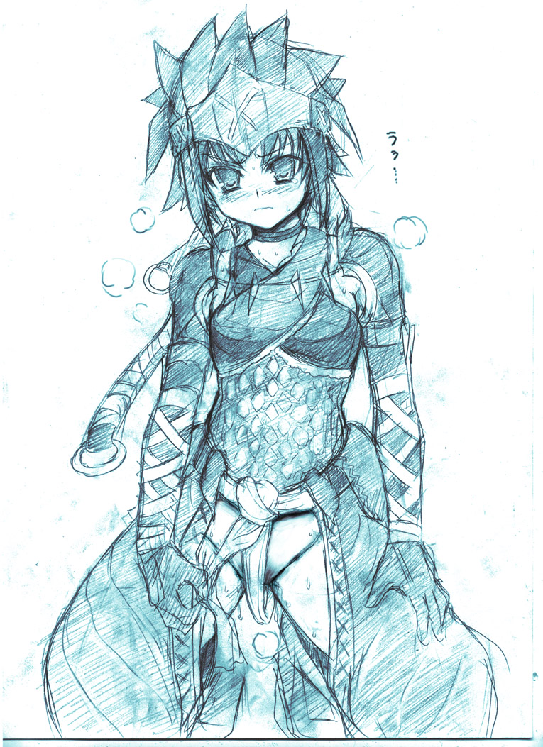 asaga aoi, translation request, blush, female pubic hair, fundoshi, japanese clothes, monochrome, pubic hair, solo, tears