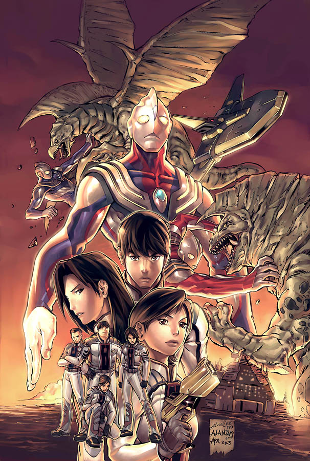 udon entertainment, horii masami, iruma megumi, madoka daigo, munakata seiichi, shinjoh tetsuo, shinjou tetsuo, ultraman, ultraman tiga, yanase rena, yazumi jun, ultra series, ultraman tiga (series), airplane, gun, monster, sky, udon, ultraman (copyright), weapon