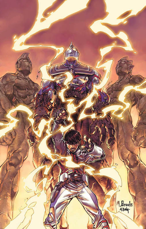 mark brooks, madoka daigo, ultraman tiga, ultraman tiga (multi type), tsuburaya productions, ultra series, ultraman tiga (series), 1boy, brown hair, gradient background, gun, lightning, male focus, signature, solo, statue, weapon