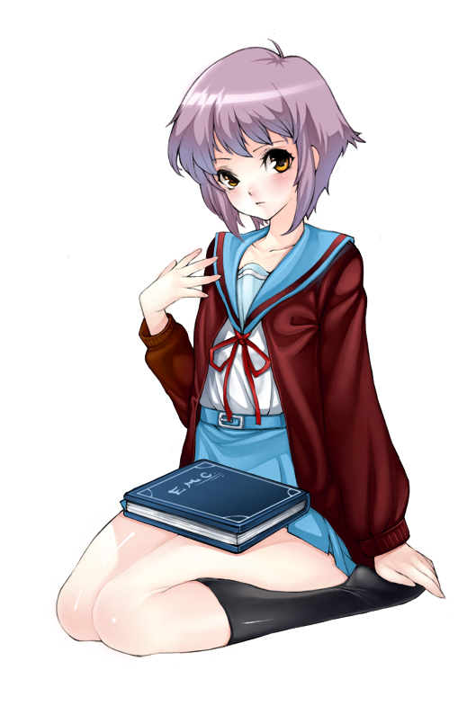 fasces (jeson110), nagato yuki, suzumiya haruhi no yuuutsu, 00s, blush, book, brown eyes, dasces, kneeling, purple hair, school uniform, serafuku, short hair, socks, solo