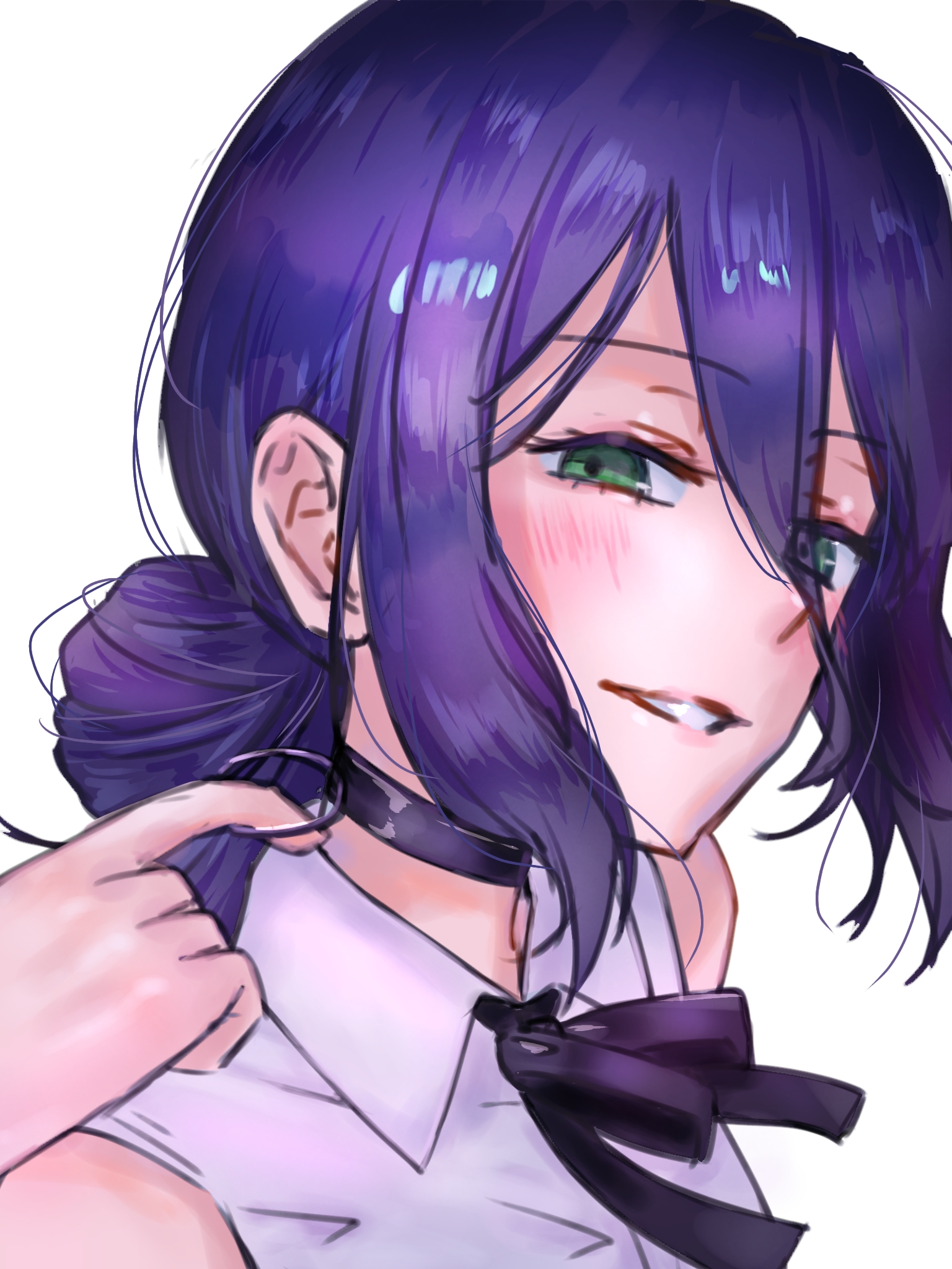 reze (chainsaw man), chainsaw man, highres, 1girl, black choker, black ribbon, choker, collared shirt, green eyes, grenade pin, hair between eyes, hair bun, light blush, o2mwnb9, parted lips, purple hair, ribbon, shirt, simple background, solo, white background, white shirt