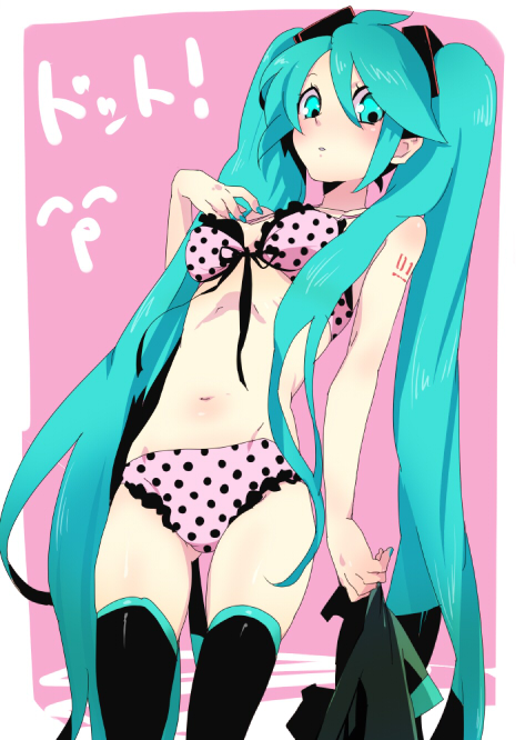 numeri, hatsune miku, vocaloid, bad id, bad pixiv id, 1girl, blue eyes, blue hair, blush, bra, female focus, lace, lace-trimmed panties, lace trim, lingerie, long hair, matching hair/eyes, panties, pink panties, polka dot, polka dot bra, polka dot panties, solo, thighhighs, twintails, underwear, underwear only, undressing
