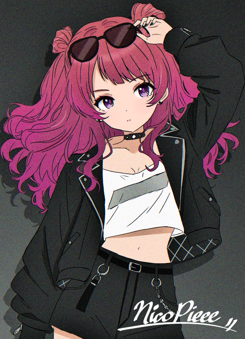 hanami saki, gakuen idolmaster, idolmaster, highres, 1girl, adjusting eyewear, alternate eye color, alternate hair color, arm up, belt, black belt, black choker, black jacket, black nails, black shorts, blush, breasts, choker, cleavage, closed mouth, collarbone, cowboy shot, dot nose, double bun, earrings, eyewear on head, gradient background, gradient hair, grey background, hair bun, jacket, jewelry, long hair, long sleeves, looking at viewer, midriff, multicolored hair, nail polish, navel, nicopieee, open clothes, open jacket, pink eyes, pink hair, shadow, shirt, shorts, signature, solo, standing, sunglasses, two side up, white shirt