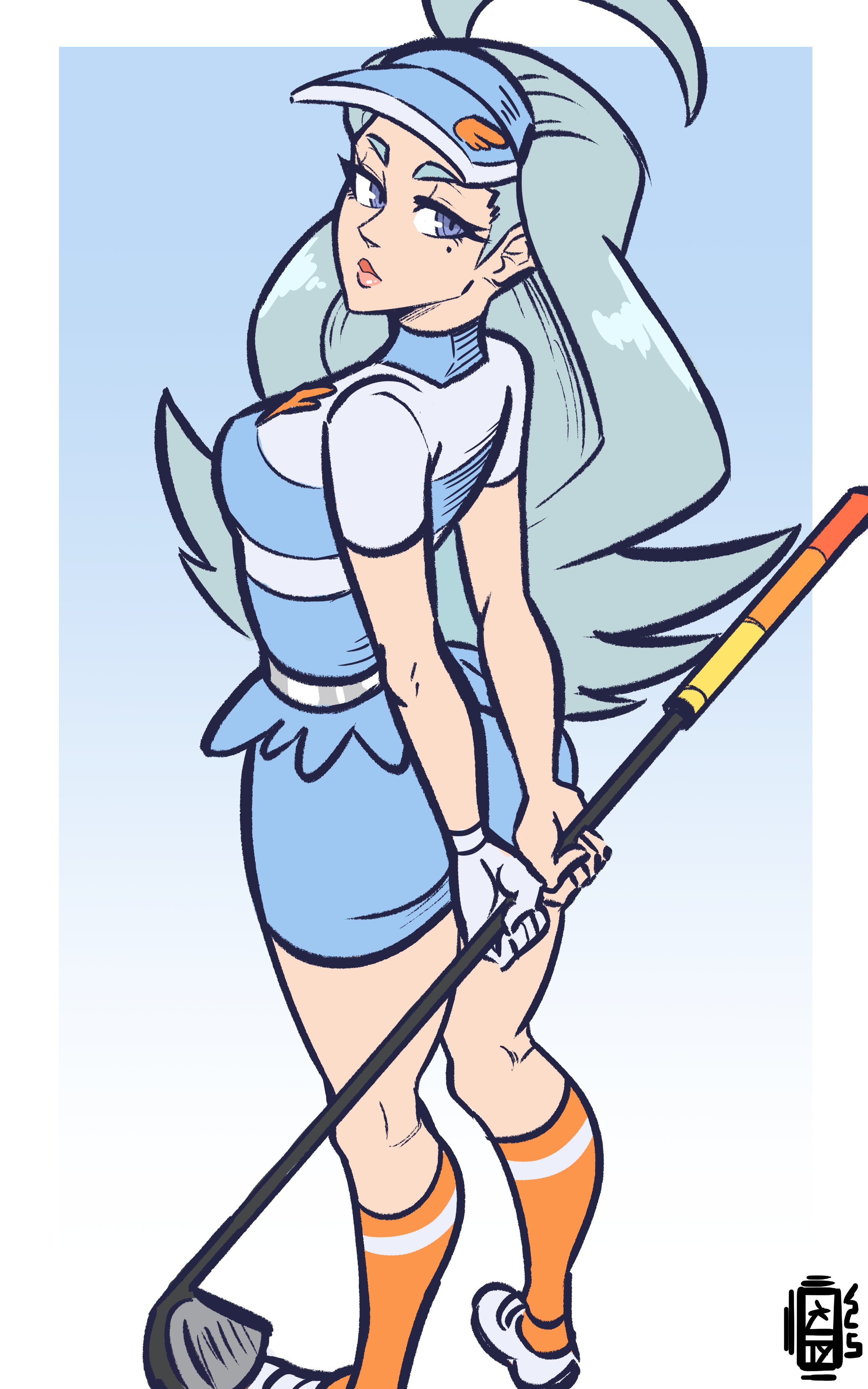 scruffyturtles, kahili (pokemon), nintendo, pokemon, pokemon sm, absurdres, highres, 1girl, ahoge, ass, blue eyes, blue hair, blue hat, blue skirt, breasts, collared shirt, flipped hair, golf club, hat, holding, holding golf club, kneehighs, long hair, mole, mole under eye, orange socks, pencil skirt, shirt, short sleeves, skirt, socks, solo, striped clothes, striped shirt, visor cap