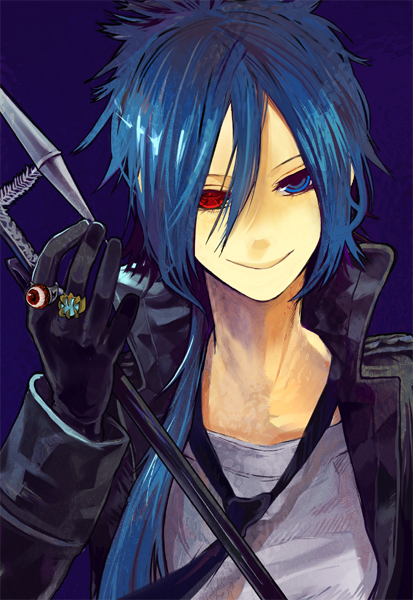 darao, dro, rokudou mukuro, katekyo hitman reborn!, bad id, bad pixiv id, 00s, 1boy, aged up, blue hair, gloves, heterochromia, long hair, male focus, solo