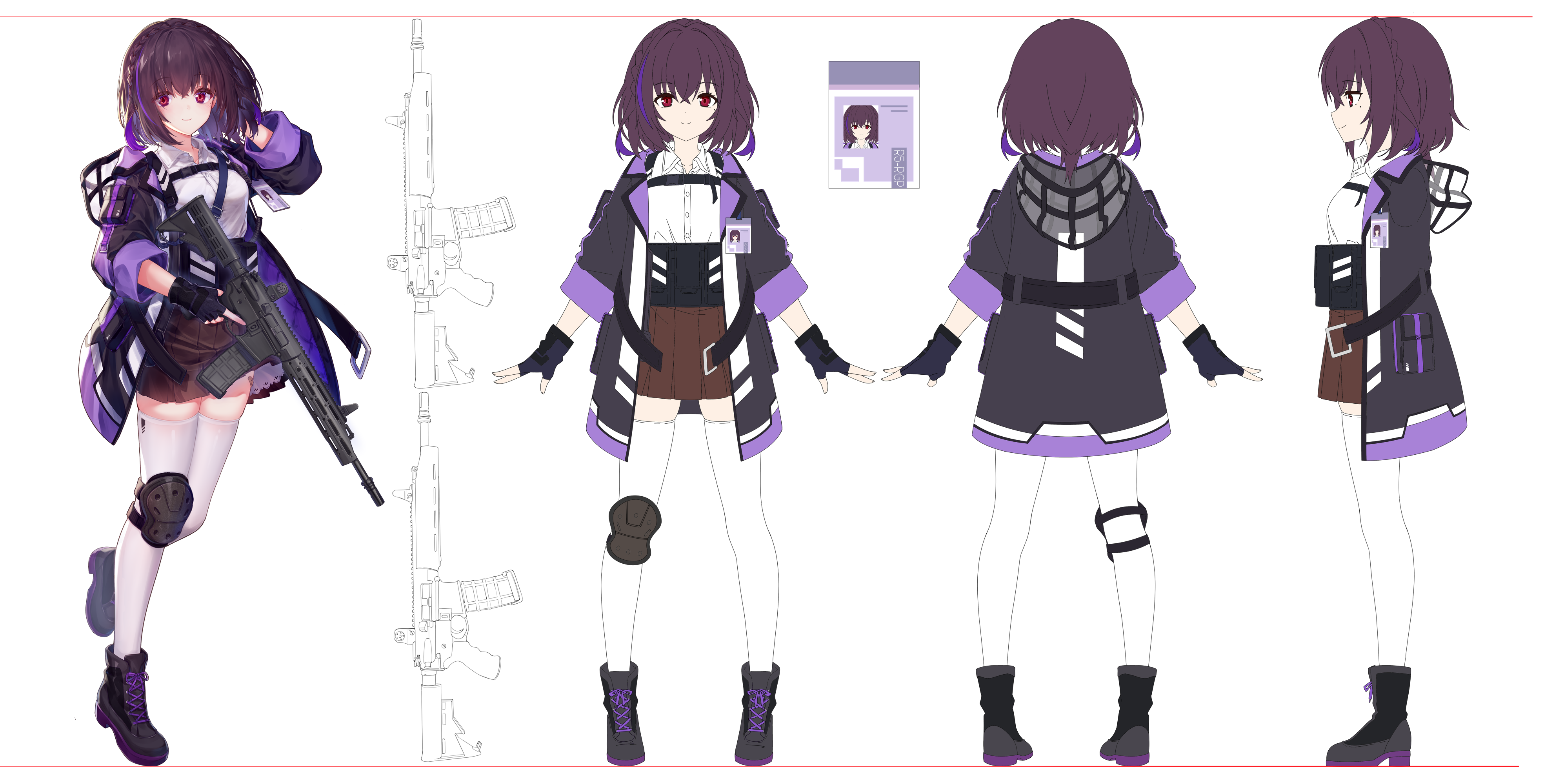 shenbei xiaoqiu, absurdres, copyright request, highres, official art, weapon request, 1girl, arm behind head, black hair, black jacket, black shoes, black skirt, blush, braid, closed mouth, collared shirt, crown braid, gun, hair between eyes, hand up, holding, holding gun, holding weapon, jacket, knee pads, lanyard, long sleeves, looking at viewer, multicolored hair, multiple views, open clothes, open jacket, pleated skirt, purple hair, red eyes, reference sheet, shirt, shoes, simple background, single knee pad, skirt, smile, standing, standing on one leg, streaked hair, thighhighs, weapon, white background, white shirt, white thighhighs