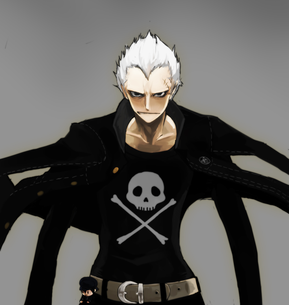 darao, dro, shirogane naoto, tatsumi kanji, atlus, persona, persona 4, bad id, bad pixiv id, belt, belt charm, charm (object), delinquent, male focus, scar, skull, solo, white hair