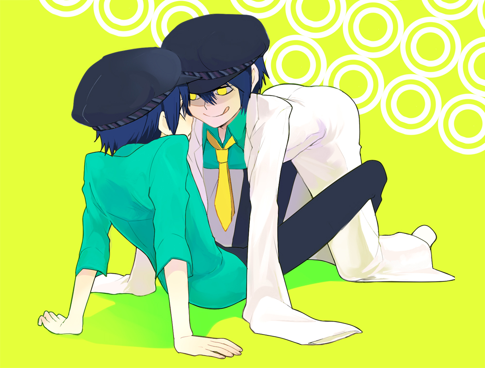 darao, dro, shadow (persona), shadow naoto, shirogane naoto, atlus, persona, persona 4, bad id, bad pixiv id, 2girls, :p, androgynous, blue hair, dark persona, dual persona, hat, lab coat, multiple girls, necktie, newsboy cap, oversized clothes, reverse trap, short hair, tongue, tongue out, yellow eyes