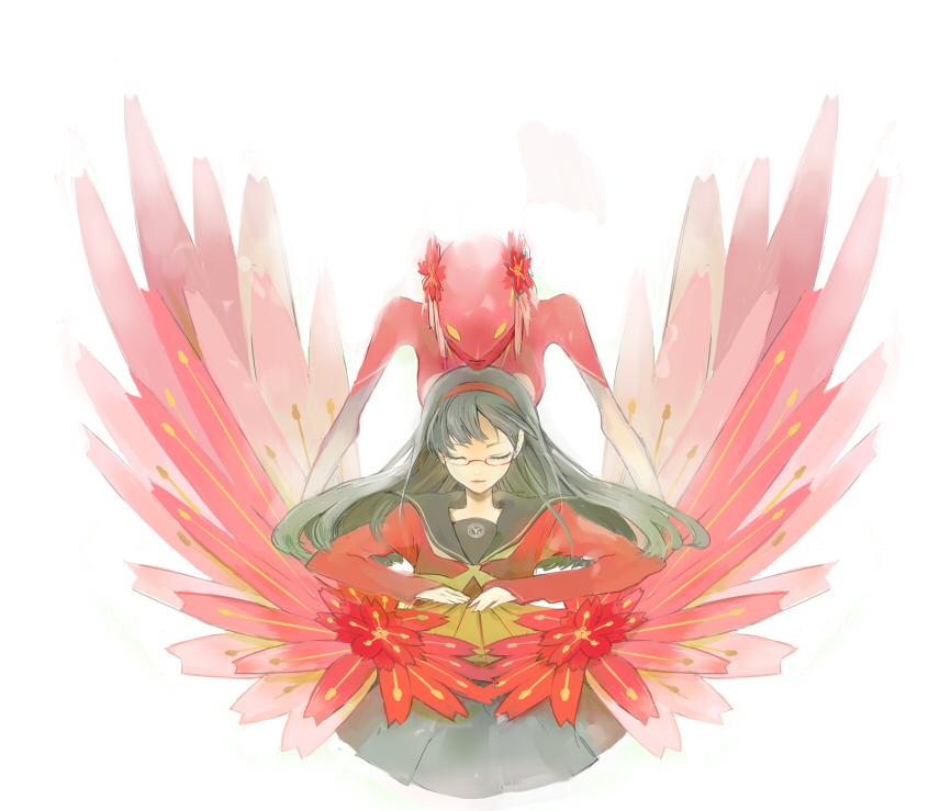 darao, dro, amagi yukiko, atlus, persona, persona 4, bad id, bad pixiv id, black hair, closed eyes, flower, glasses, hairband, long hair, school uniform, serafuku, solo