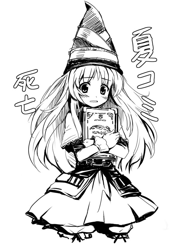 r-type nirvana, lillet blan, grimgrimoire, nippon ichi, 1girl, book, cropped legs, dress, female focus, greyscale, hat, holding, holding book, hugging object, long sleeves, looking at viewer, monochrome, party hat, solo, wrist cuffs