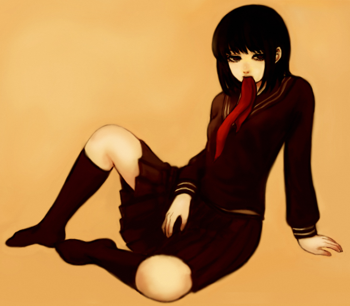 tokiwa osamu, original, bad id, bad pixiv id, arm support, black hair, mouth hold, school uniform, serafuku, sitting, skirt, socks, solo
