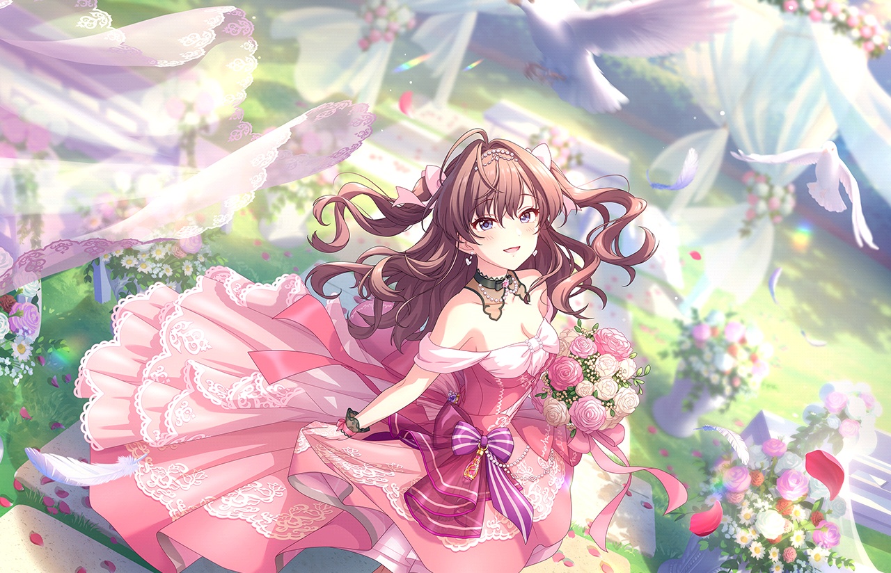 ichinose shiki, idolmaster, idolmaster cinderella girls, idolmaster cinderella girls starlight stage, game cg, official art, 1girl, bird, blue eyes, bouquet, breasts, brown hair, bush, choker, cleavage, dress, earrings, flower, gloves, grass, jewelry, open mouth, pink dress, twintails