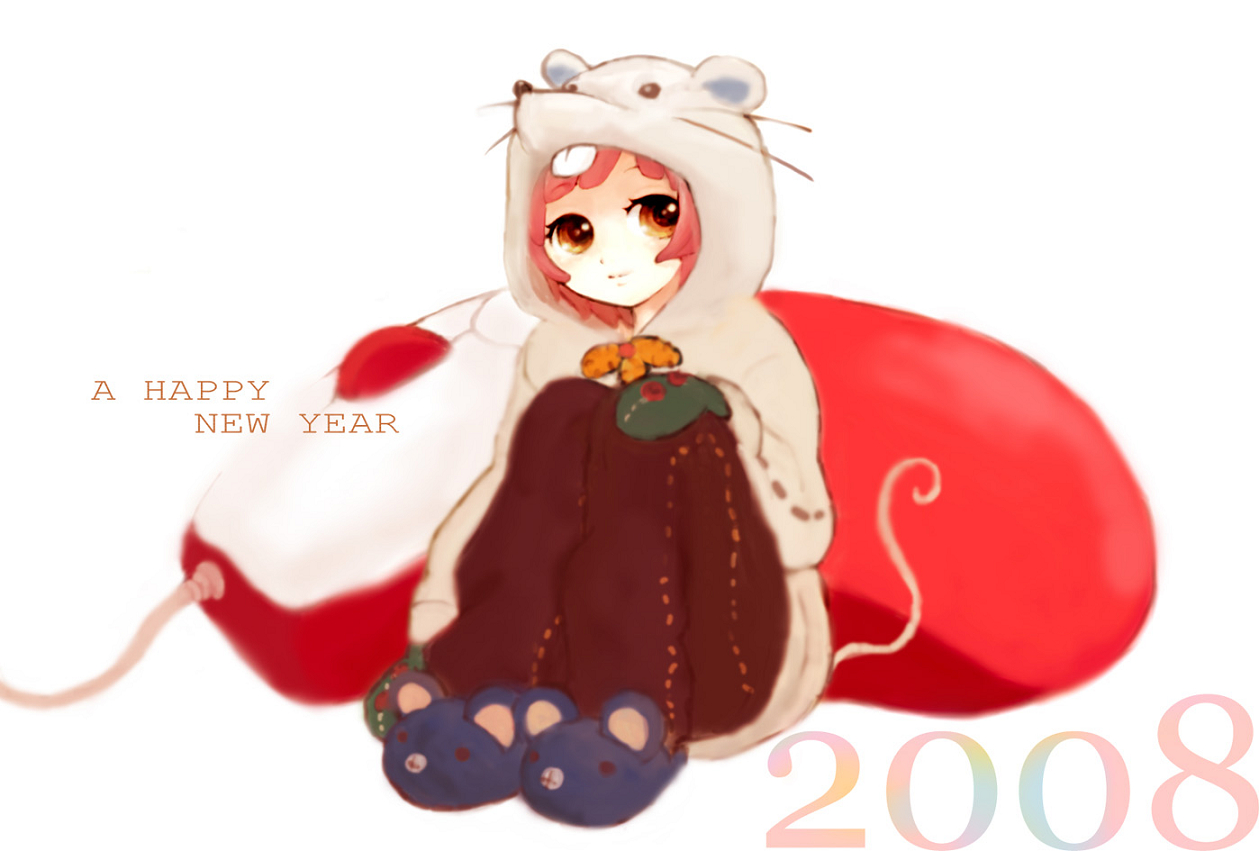 tokiwa osamu, original, bad id, bad pixiv id, 00s, 2008, animal costume, animal ears, brown eyes, computer mouse, hood, mouse costume, mouse ears, mouse tail, mousepad (object), new year, pink hair, slippers, solo, tail