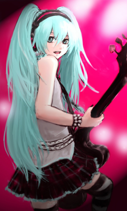 tokiwa osamu, hatsune miku, vocaloid, blue eyes, blue hair, bracelet, guitar, instrument, jewelry, long hair, solo, spiked bracelet, spikes, striped clothes, striped thighhighs, thighhighs, twintails