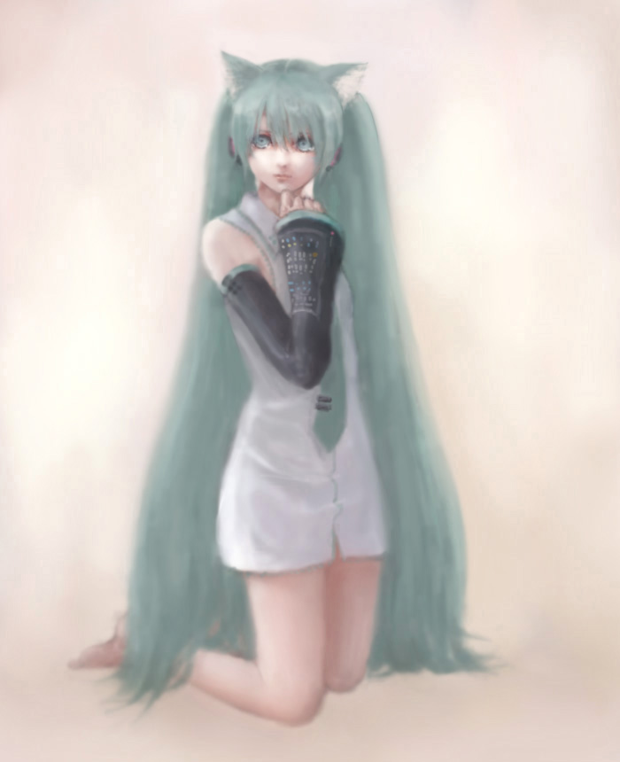 tokiwa osamu, hatsune miku, vocaloid, animal ears, barefoot, blue eyes, blue hair, detached sleeves, kneeling, long hair, necktie, twintails