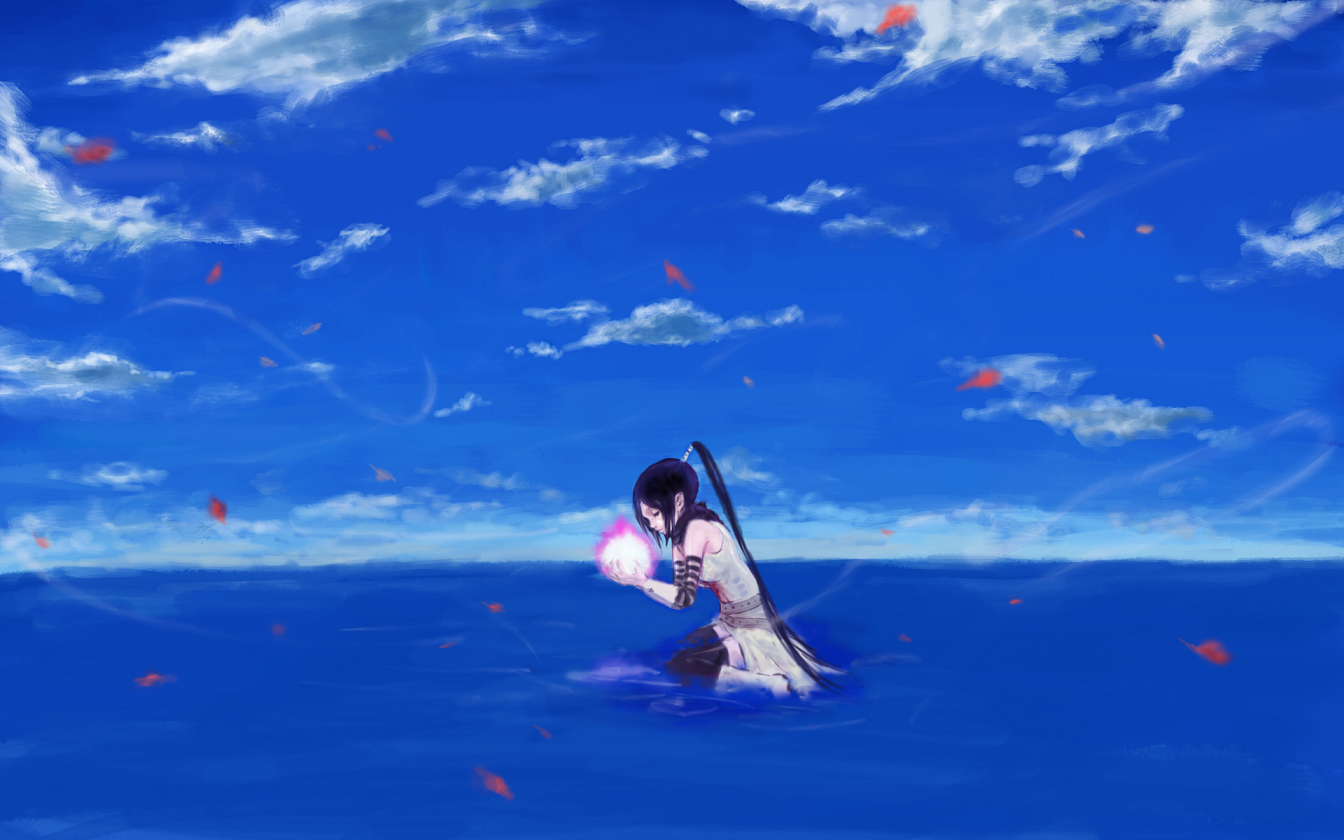 tokiwa osamu, nakatsukasa tsubaki, soul eater, bad id, bad pixiv id, 00s, 1girl, blue hair, cloud, day, female focus, kneeling, long hair, ocean, outdoors, sky, solo, thighhighs, water