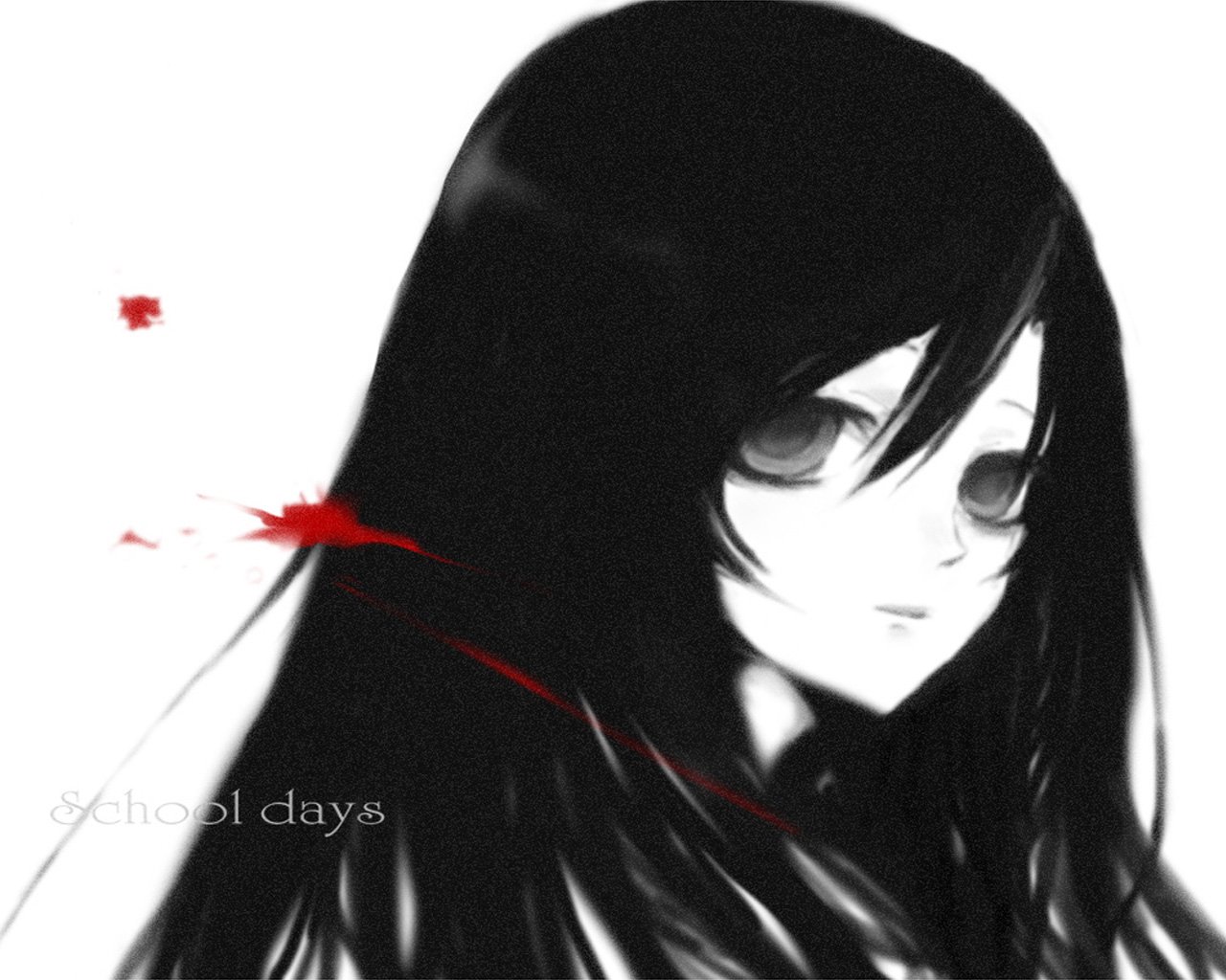 tokiwa osamu, katsura kotonoha, school days, bad id, bad pixiv id, 00s, 1girl, blood, empty eyes, female focus, long hair, monochrome, solo, spot color, yandere