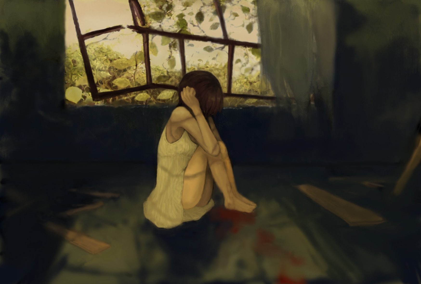 tokiwa osamu, original, messy, bad id, bad pixiv id, highres, 1girl, barefoot, blood, female focus, hugging own legs, lonely, ruins, scared, sitting, solo