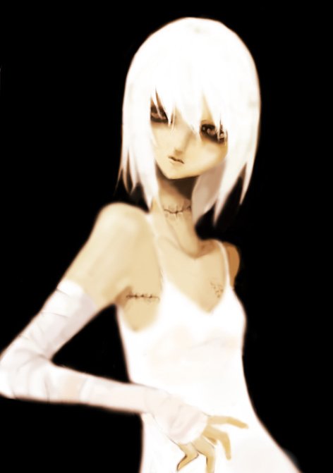 tokiwa osamu, original, bad id, bad pixiv id, 1girl, bandages, creepy, female focus, flat chest, scar, scar on neck, short hair, solo, white hair