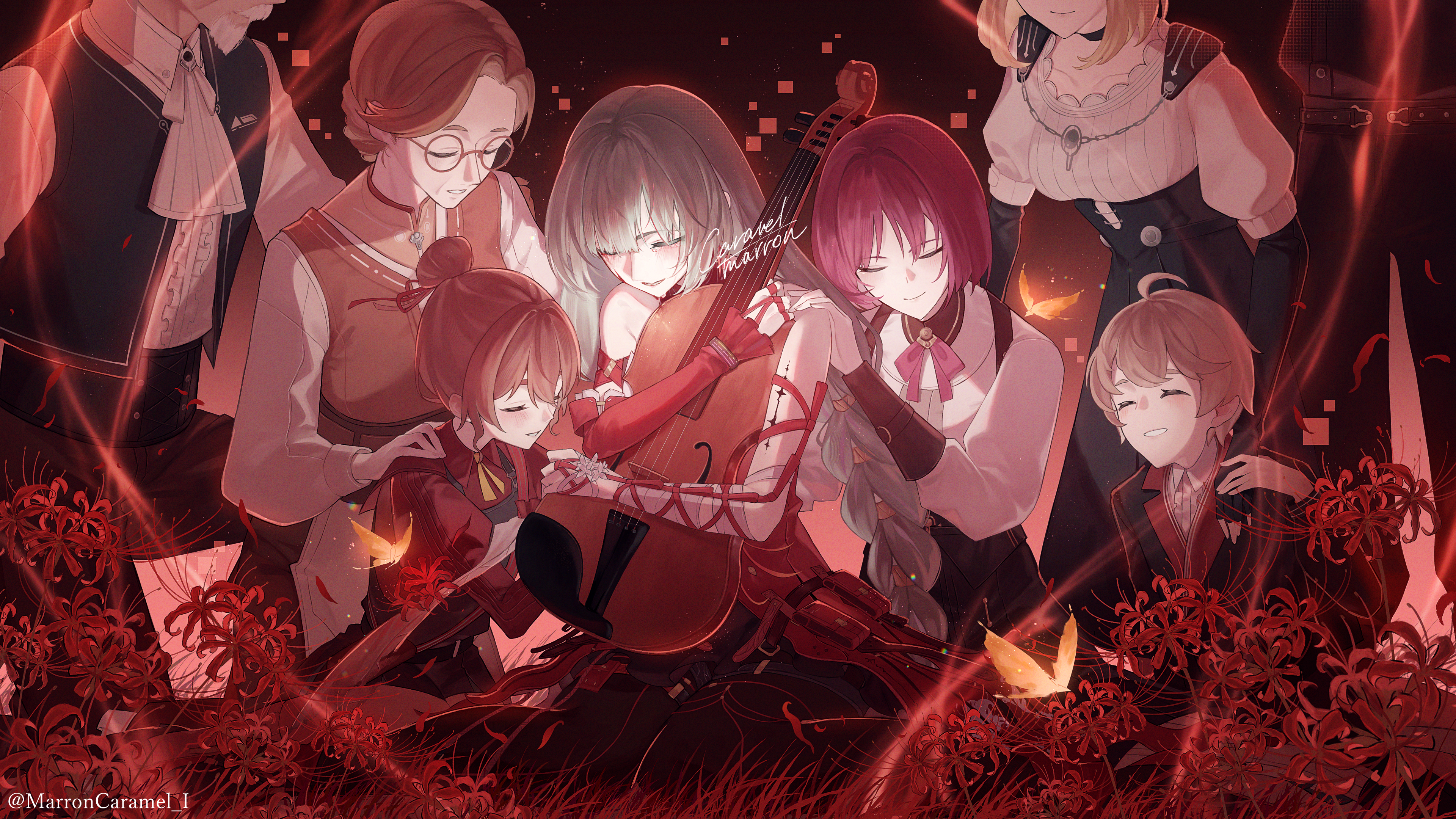 caramelmarron, phrolova (wuthering waves), triss (wuthering waves), wuthering waves, absurdres, highres, 1girl, bandaged arm, bandages, bare shoulders, black pantyhose, braid, closed eyes, detached sleeves, dress, flower, grey hair, hug, hugging object, instrument, long hair, low-braided long hair, low-tied long hair, missing commentary, pantyhose, parted lips, people, red dress, single detached sleeve, sitting, smile, spider lily, tacet mark (wuthering waves), tearing up, violin