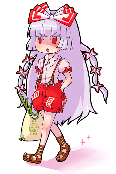 kty (04), fujiwara no mokou, touhou, 1girl, bow, chibi, female focus, gladiator sandals, groceries, sandals, shorts, solo, suspenders, white background