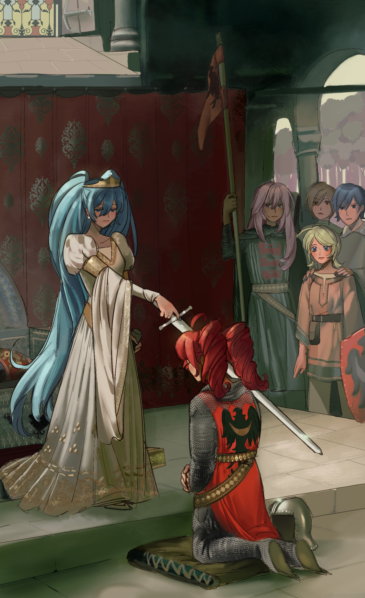hatsune miku, kagamine len, kagamine rin, kaito (vocaloid), kasane teto, kasane teto (utau), knight (ragnarok online), megurine luka, the accolade, utau, vocaloid, highres, 2boys, aqua eyes, aqua hair, armor, banner, blue eyes, blue hair, brother and sister, ch-eesecake, chainmail, dress, drill hair, fine art parody, holding, holding sheath, holding sword, holding weapon, hosen (clothing), kite shield, kneeling, knight, knighting, long dress, long sword, medieval, multiple boys, multiple girls, parody, pillow, pink hair, plate armor, queen, red trim, sheath, siblings, surcoat, sword, throne, tree, twin drills, twins, twintails, unsheathed, weapon