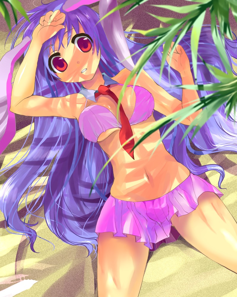 kobanzame, reisen udongein inaba, touhou, bad id, bad pixiv id, 1girl, animal ears, arm up, bikini, female focus, from above, long hair, lying, necktie, on back, pink bikini, purple hair, rabbit ears, red eyes, red necktie, shade, skirt, solo, swimsuit