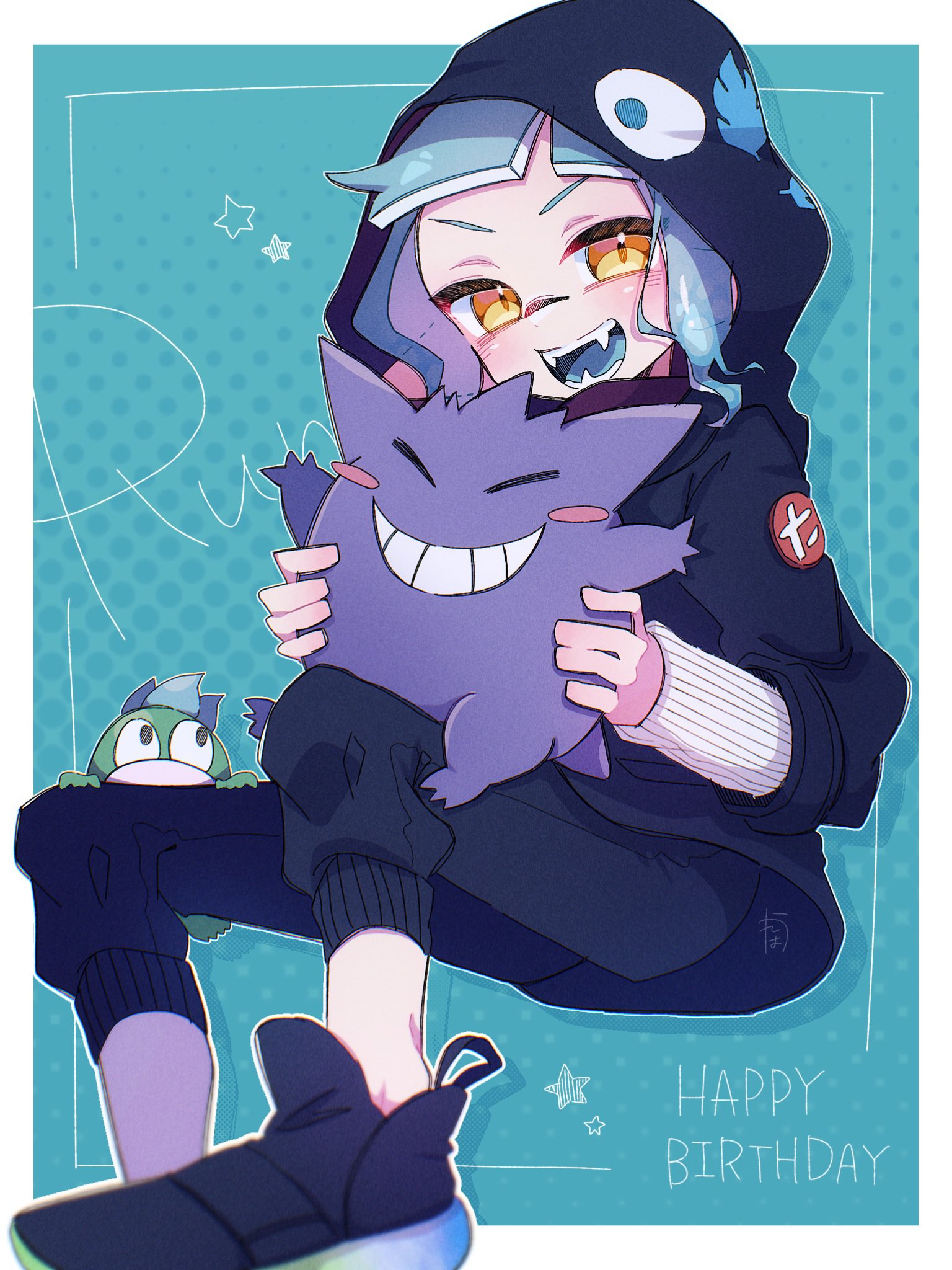 aheruk, gengar, inkling girl, inkling player character, spike (mario), mario (series), nintendo, pokemon, splatoon (series), splatoon 3, commentary, highres, symbol-only commentary, 1girl, black jacket, black pants, black shoes, blue background, border, closed eyes, crossover, gen 1 pokemon, grin, happy birthday, hood, hooded jacket, inkling, jacket, medium hair, open mouth, outside border, pants, pokemon (creature), shoes, sitting, smile, solo, star (symbol), teeth, tentacle hair, white border, yellow eyes