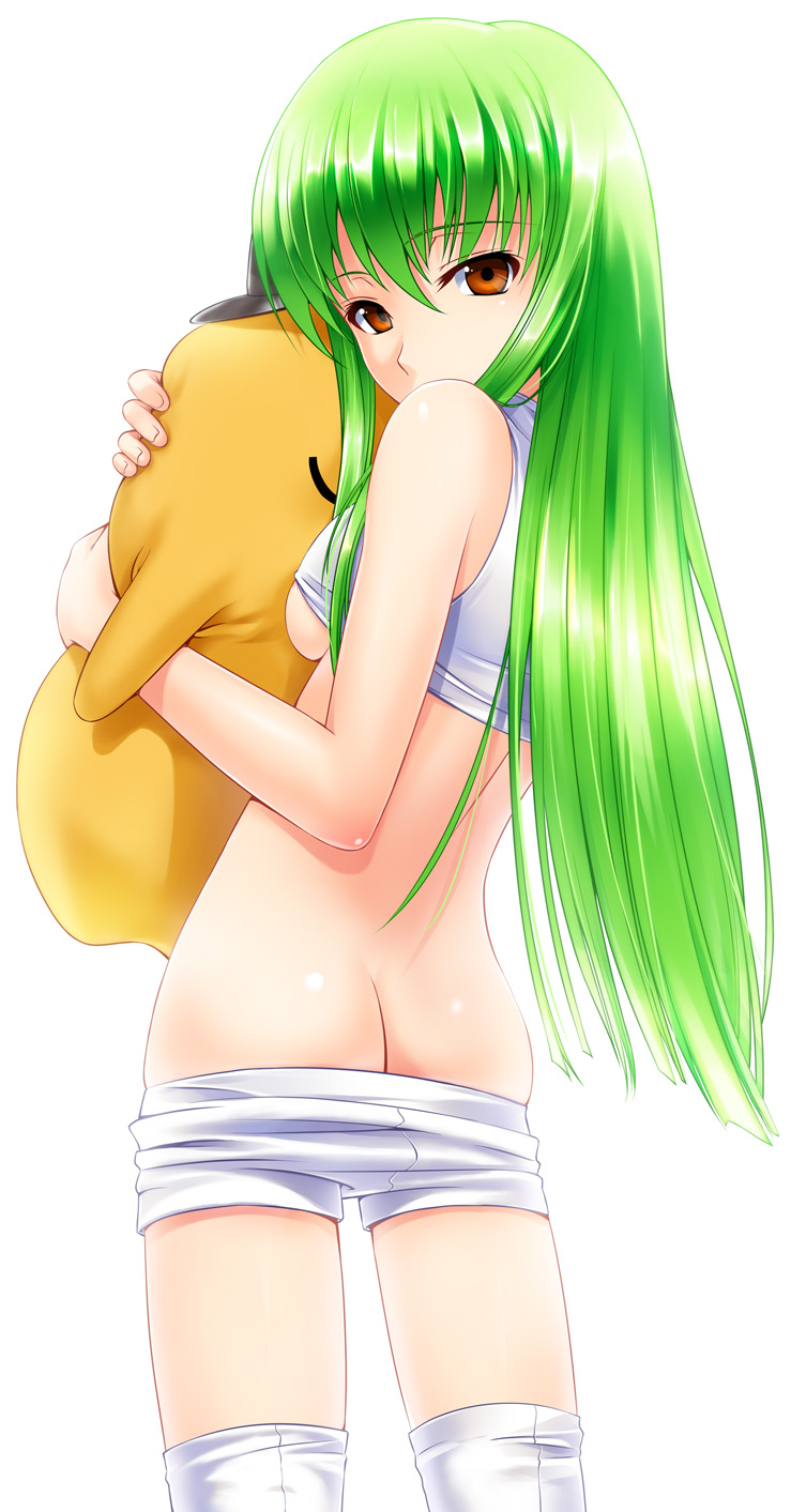 40010prototype, c.c., cheese-kun, code geass, pizza hut, highres, 00s, 1girl, ass, back, breasts, butt crack, female focus, green hair, long hair, looking back, shorts, simple background, solo, tank top, thighhighs, underboob, white background, white thighhighs, yellow eyes