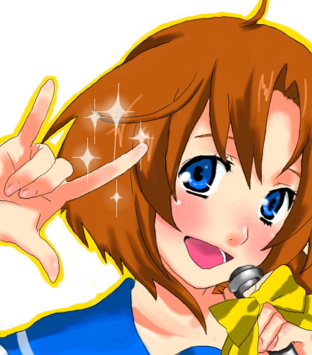 makokokokokoko, ryuuguu rena, higurashi no naku koro ni, macross, macross frontier, lowres, 1girl, blue eyes, female focus, m/, microphone, orange hair, parody, seikan hikou, short hair, solo