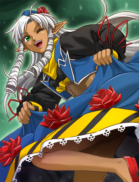 haruyama kazunori, dorothy mistral, banpresto, super robot wars, super robot wars og saga mugen no frontier, silver hair, 1girl, corset, dark-skinned female, dark skin, drill hair, female focus, flower, gradient background, green eyes, hair flower, hair ornament, hat, long hair, one eye closed, pointy ears, solo, wink