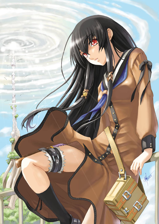 yuu (yuyukaikan), original, black hair, clothes lift, fantasy, knife, long hair, red eyes, skirt, skirt lift, solo, wind, wind lift