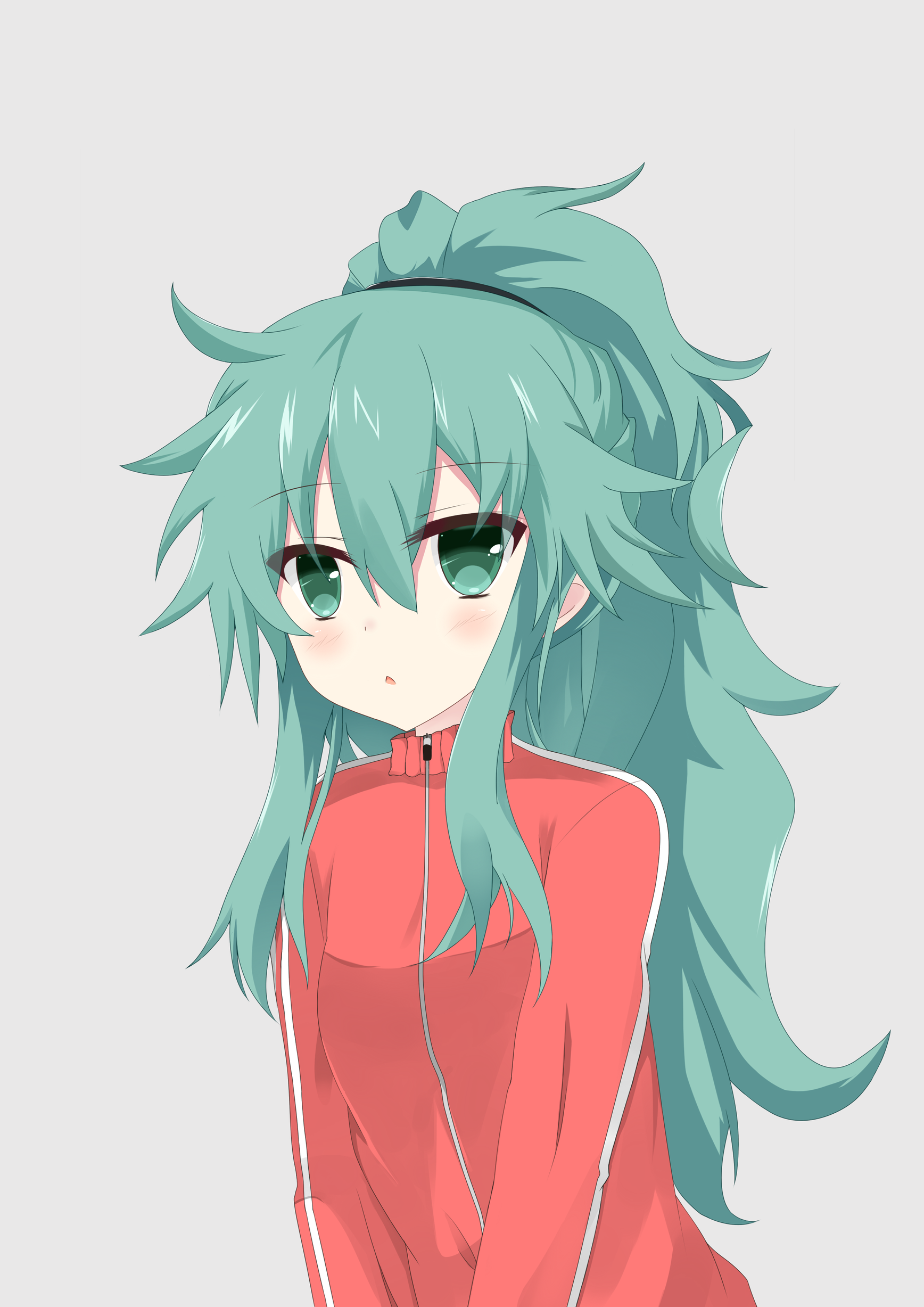 h093100, kyouno natsumi, date a live, absurdres, highres, 1girl, :o, alternate costume, full-length zipper, green eyes, green hair, jacket, long hair, long sleeves, ponytail, solo, track jacket, zipper