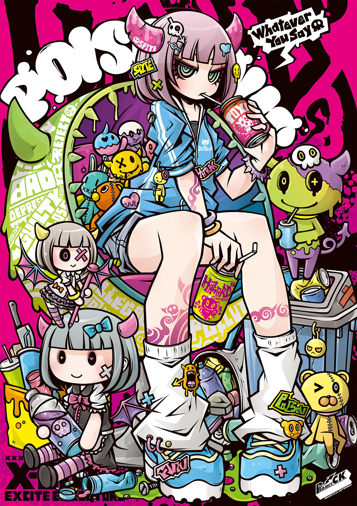 project.c.k., original, imp, highres, 1girl, absurdly detailed composition, arm tattoo, bat wings, bendy straw, bob cut, can, chain, decora, demon, demon boy, demon girl, doll, doll hair ornament, drink can, drinking, drinking straw, emoji hair ornament, english text, engrish text, frutiger metro, gyaru, horns, jitome, leg tattoo, lock, monster, padlock, profanity, punk, ranguage, rokku gyaru, screw, shorts, sitting, skull, slime (substance), soda can, streetwear, stuffed animal, stuffed toy, tattoo, teddy bear, thumb ring, trash can, wings