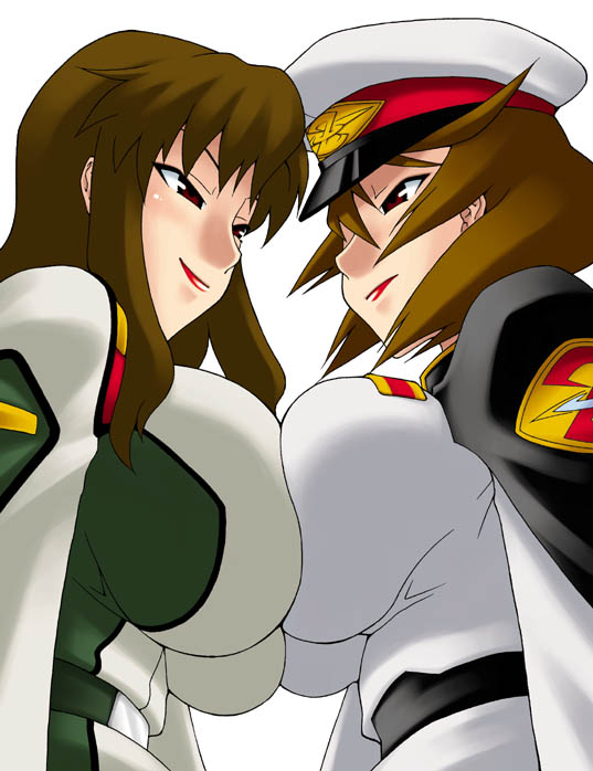 nishimo, murrue ramius, talia gladys, gundam, gundam seed, gundam seed destiny, 00s, 2girls, breast press, breasts, brown hair, hat, huge breasts, military, military uniform, multiple girls, peaked cap, red eyes, symmetrical docking, yuri